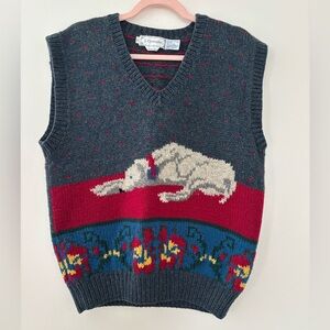 Vintage J. Christopher Banks Dog Sweater Vest Hand Knit 100% Shetland Wool Large